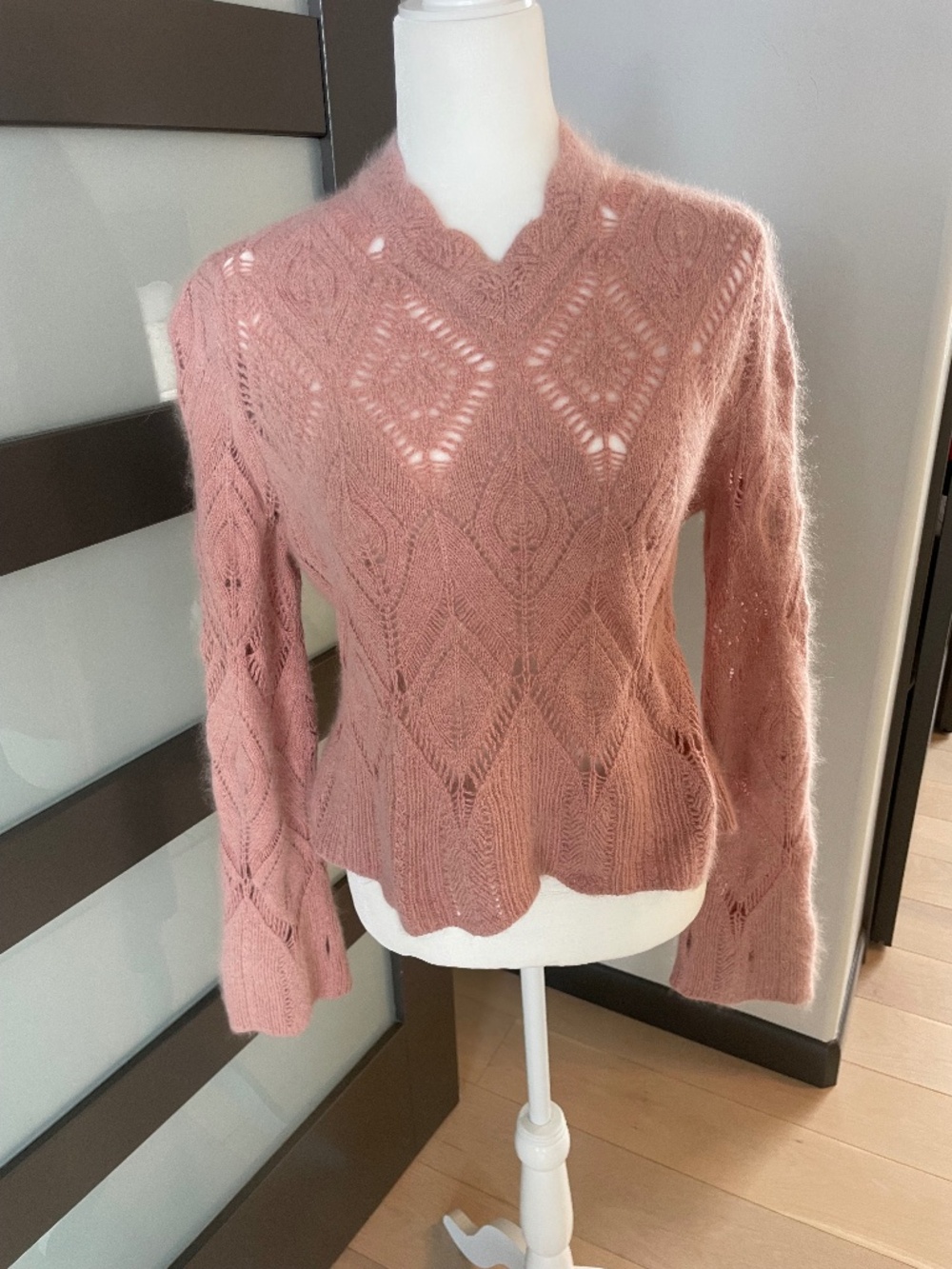 Christian Dior Mohair Blend Pointelle Open Knit Scalloped Sweater